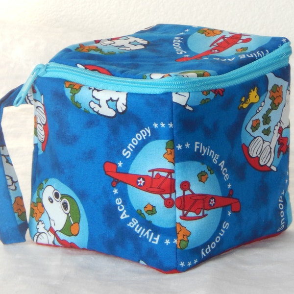 SALE 20% off Zippered project yarn box, 5"x5", sock box bag, knitting, crochet, embroidery, Snoopy, Red Baron, Flying Ace