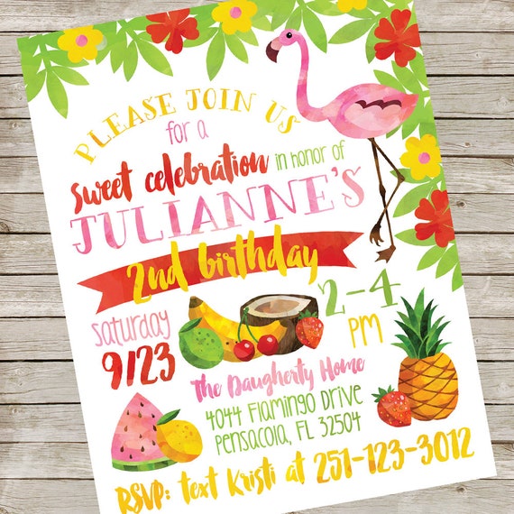 Flamingo Invitation PIY file ~ Fruit Birthday Party ~ Tutti Frutti Printable Invite Digital File Il_570xn