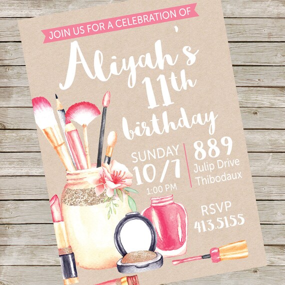 Cosmetics Birthday Party Invite PIY file ~ Make up nails hair Birthday Party Printable Invitation ~ Watercolor floral make-up Digital File Il_570xn