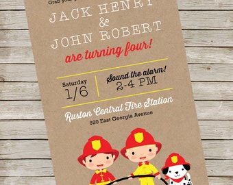 Fire Hose Invitation PIY file ~ Fireman Fire man Printable ~ Fire Trucks Digital File Invite ~ Twins Twin Boys Birthday Party