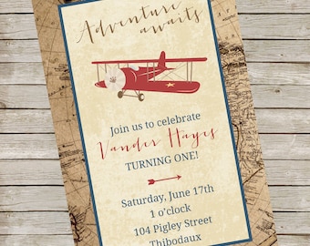 May include: A vintage-style invitation with a red airplane illustration. The text reads "Adventure awaits" and "Join us to celebrate Vander Hayes turning one!" with details for the event: Saturday, June 17th, 1 o'clock, 104 Pigley Street, Thibodaux.