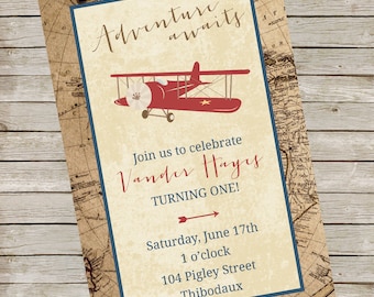 Airplane Map Invitation PIY file ~ Airplane Party Digital File ~ Adventure Printable ~ Vintage looking plane invite digital file