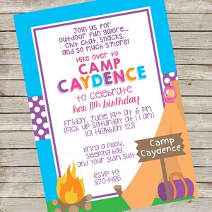 Girl Camping Invitation PIY file ~ Glamping Printable ~ Camping Birthday Party Invite Digital File