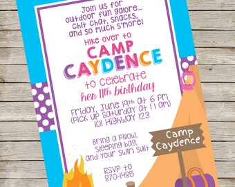Girl Camping Invitation PIY file ~ Glamping Printable ~ Camping Birthday Party Invite Digital File
