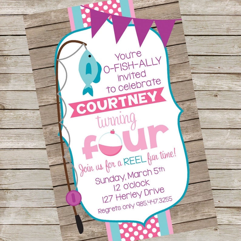 Girl Fishing Birthday Party Invitation PIY file Girly Fishing Birthday Party Printable Fish Party Pink Purple Aqua Invite
