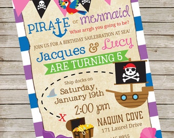 May include: A birthday party invitation for Jacques and Lucy turning 5. The invitation features a pirate ship and a mermaid, with the text "PIRATE or MERMAID" and "What arrgh you going to be?" The invitation also includes the date and time of the party, "Saturday, January 19th, 2:00 pm", and the location, "NAQUIN COVE, 171 Laurel Drive".