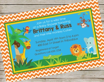 May include: A blue and green jungle-themed baby shower invitation with a yellow border. The invitation reads "Join us for a wild time at a Baby Shower honoring Brittany & Russ and their little monkey Cohen. Sunday, April 19th from 2 to 4 pm 400 East 1st Street in Thibodaux Registered at Target Questions call 633.1234"