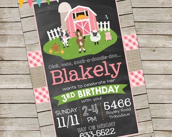 Pink Farm Party Invitation PIY file ~ Girly Farm Birthday Party Invite Digital File ~ Girl Printable ~ Farm Chalkboard ~ Wood Burlap Gingham