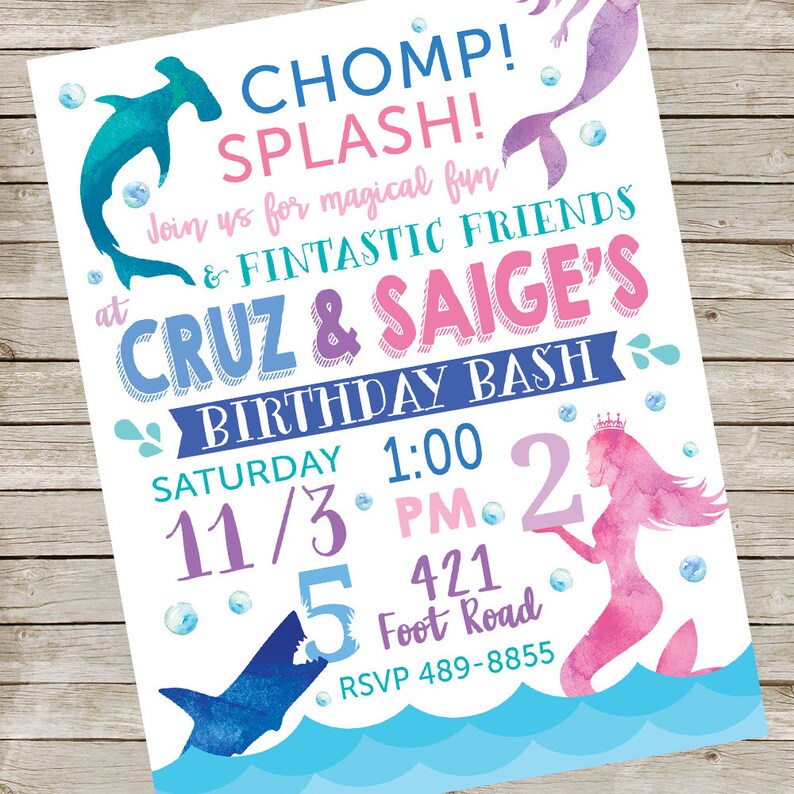 Shark and Mermaid Invitation PIY file Sharks & Mermaids party invite Twin Twins Birthday Party Digital PIY File Girl Boy Watercolor image 1