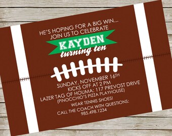 May include: A football-shaped invitation with a brown background and white stripes. The invitation reads "He's hoping for a big win... Join us to celebrate Kayden turning ten." Additional text includes event details and a phone number.