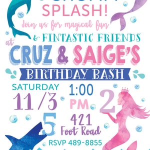 Shark and Mermaid Invitation PIY file Sharks & Mermaids party invite Twin Twins Birthday Party Digital PIY File Girl Boy Watercolor image 2