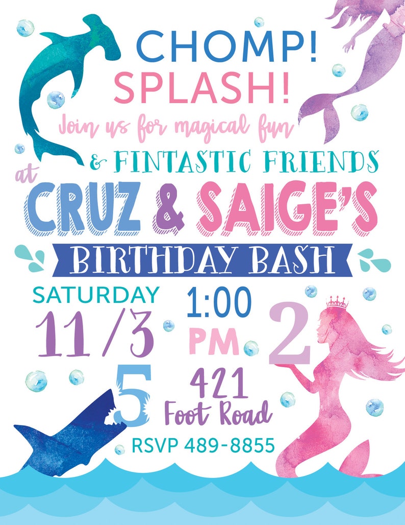 Shark and Mermaid Invitation PIY file Sharks & Mermaids party invite Twin Twins Birthday Party Digital PIY File Girl Boy Watercolor image 2