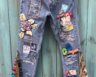 Patched Boyfriend Jeans Upcycled RL Polo Dungarees embroidered with contrasting roll up vintage cotton cuffs Womens size 14