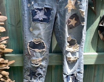 Custom Patchwork Star Jeans, Distressed Denim