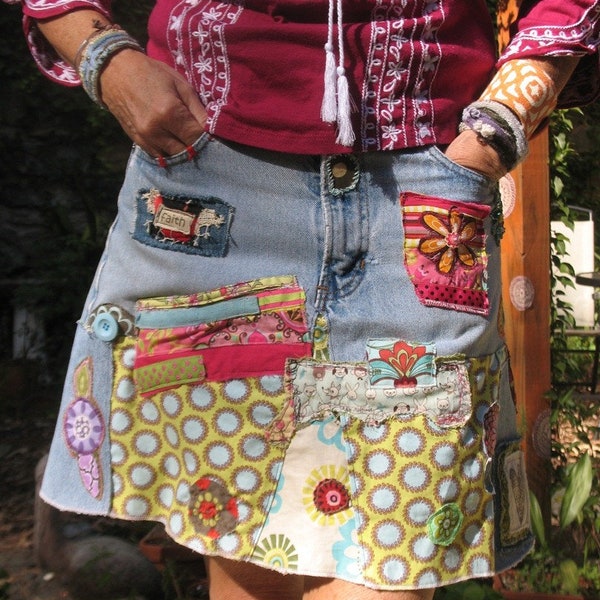 Custom Hippie Boho denim patchwork jean skirt Made to Order