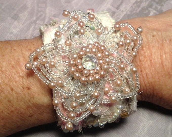 Vintage Beaded Flower Fabric Cuff Bracelet Etsy