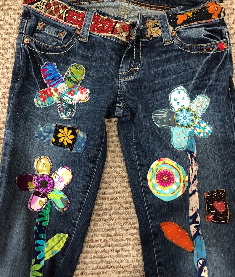 Patchwork jeans Hippie Boho denim patchwork recycled retro | Etsy