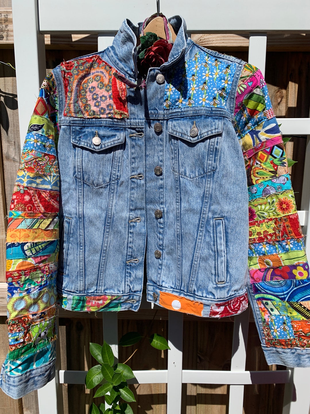 Boho Hippie Kids Upcycled Denim Jacket Size 6/6x