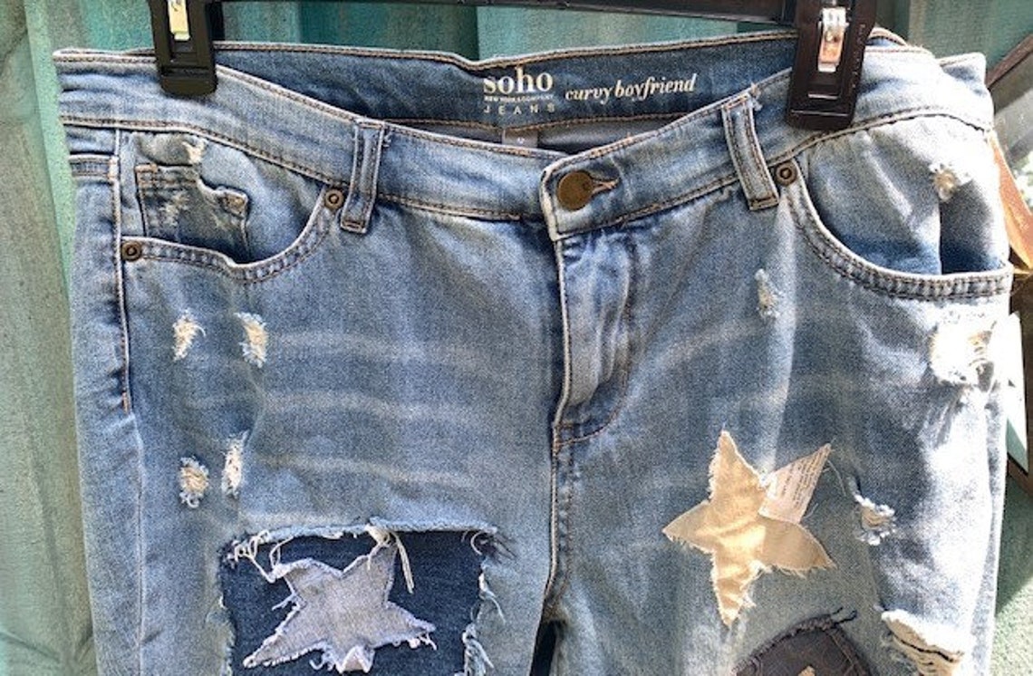 Patchwork Star Jeans Star Distressed Denim Jeans Custom Made - Etsy