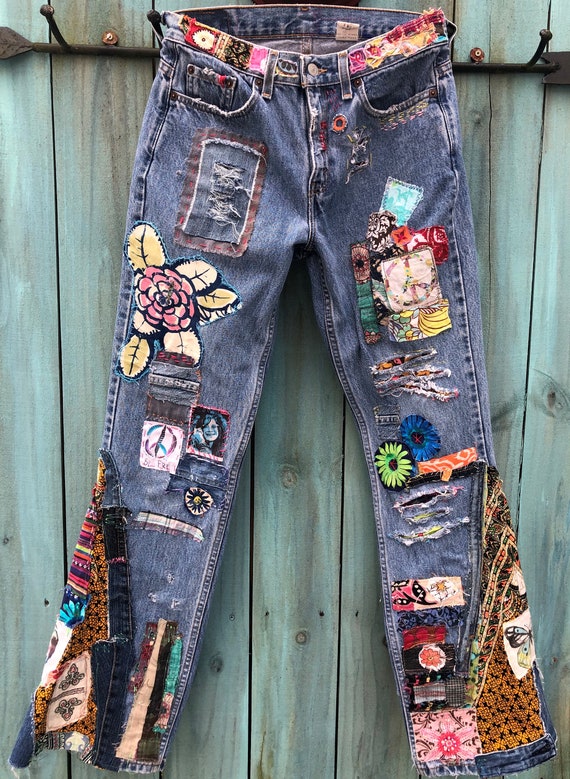 Custom Hippie Boho Gypsy Patchwork Denim Blue Jeans Made to Order