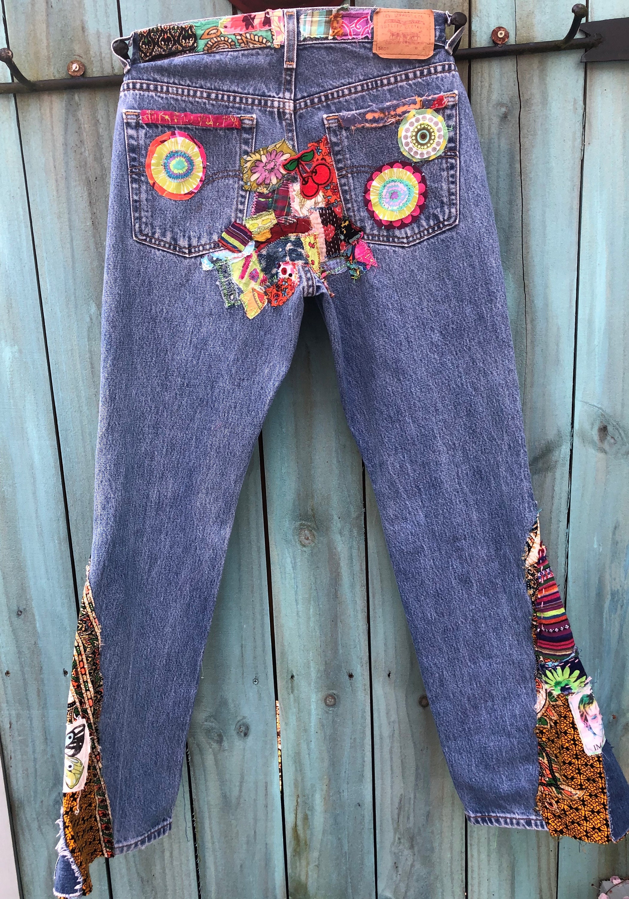 Custom hippie boho gypsy patchwork denim blue jeans Made to