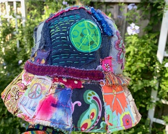 Ready To Ship bohemian hippie tattered wearable art fabric bucket hat hippie festival