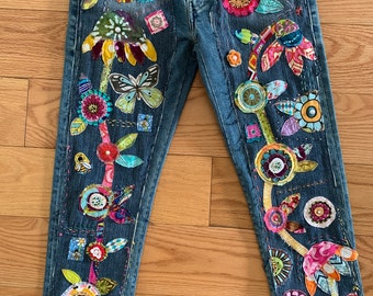 Custom Patchwork Denim Jeans, Hippie Boho Recycled, Made to Order