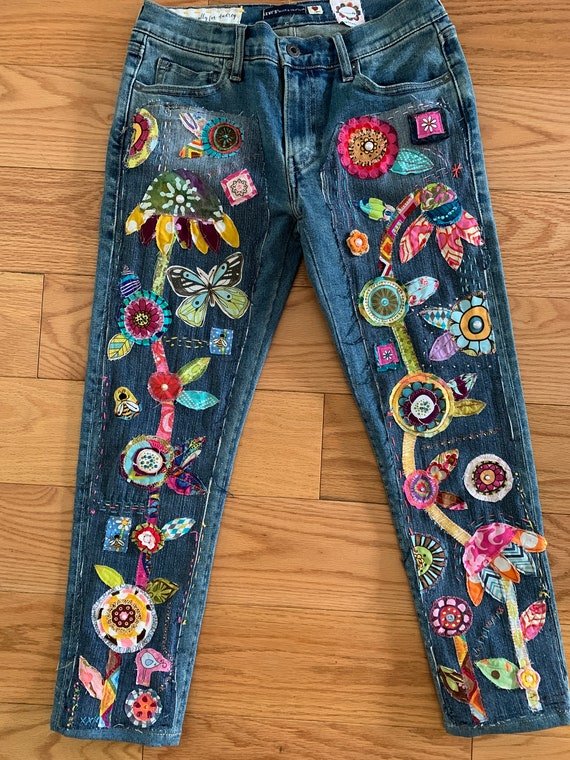 Custom Hippie Boho Denim Patchwork Jeans Made to Order Recycled