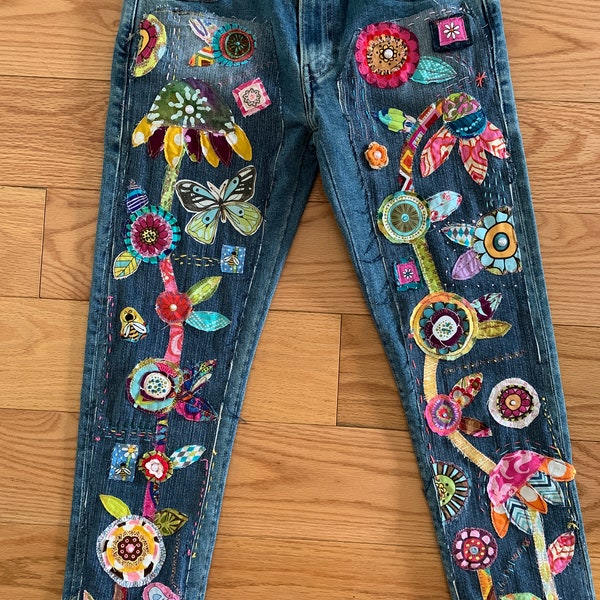 Custom Hippie Boho denim patchwork jeans Made to Order recycled retro distressed jeans music festival