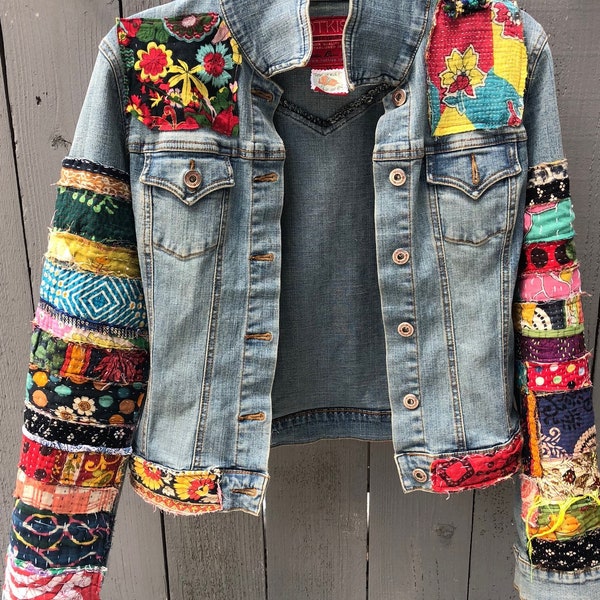 Custom jean jacket  Made to Order hippie boho embellished colorful denim jean jacket