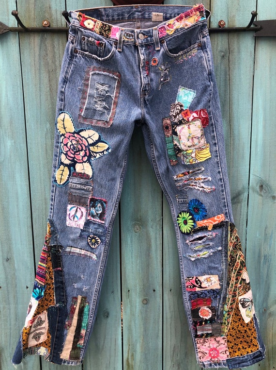 Hippie Boho denim patchwork recycled retro distressed jeans | Etsy