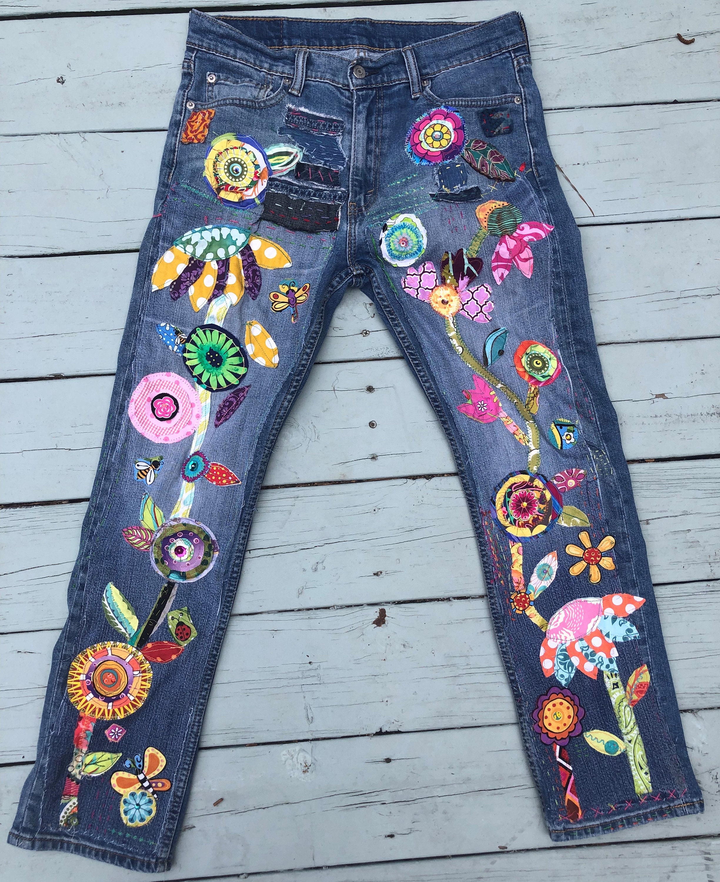 Free People Embroidered Pastel + Patchwork + Patches Jeans (Size 31) – The  Thrifty Hippy