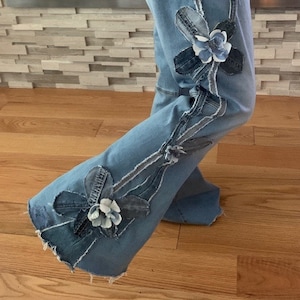 Custom Hippie Boho denim Made TO Order patchwork  jeans Made to Order retro flower  distressed jeans bell bottoms music festival  Jeans