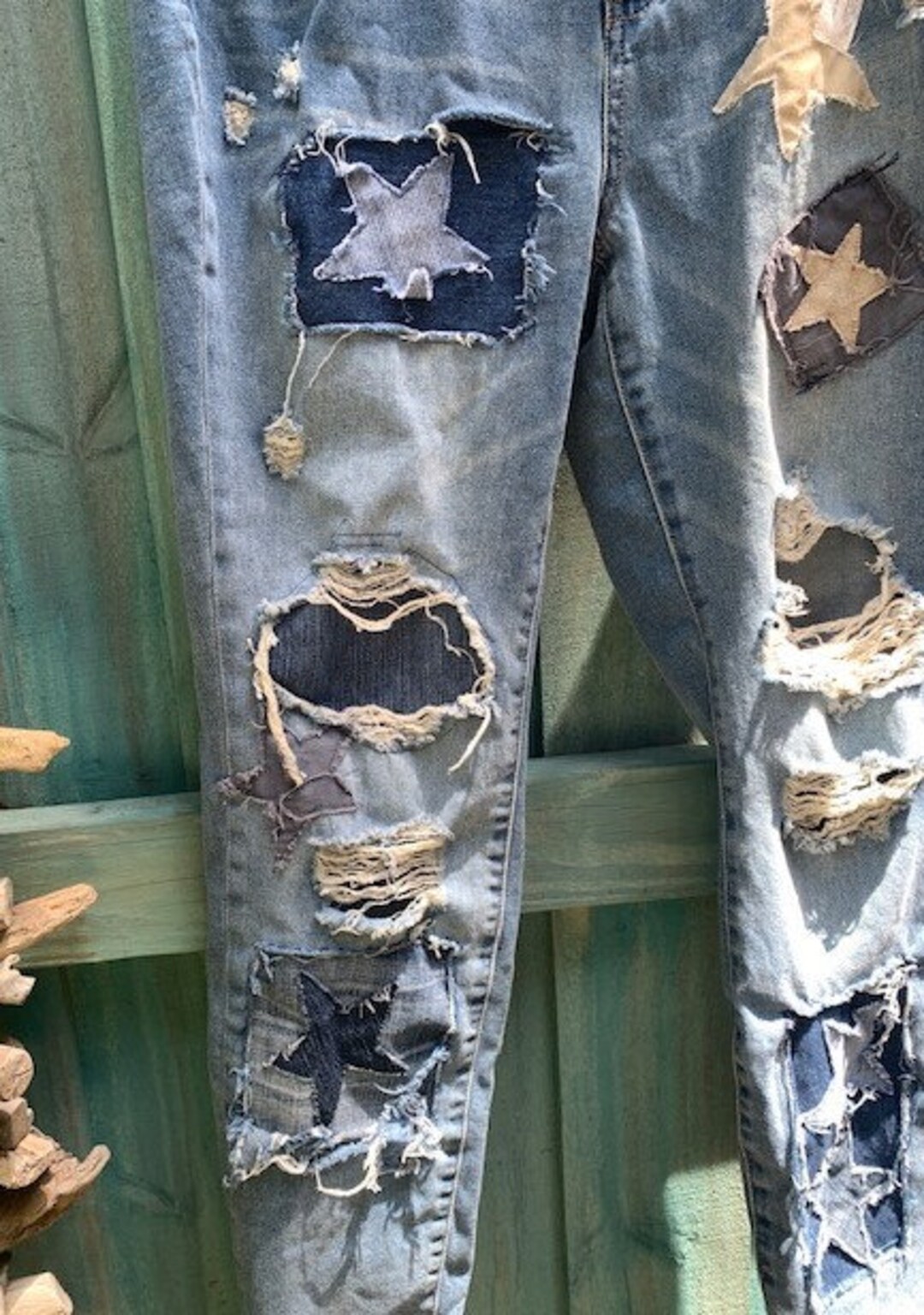 Patchwork Star Jeans Star Distressed Denim Jeans Custom Made - Etsy