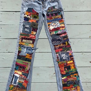 Custom patchwork jeans  - kantha Made to Order -  patchwork Hippie Boho denim patch work recycled retro  jeans music festival
