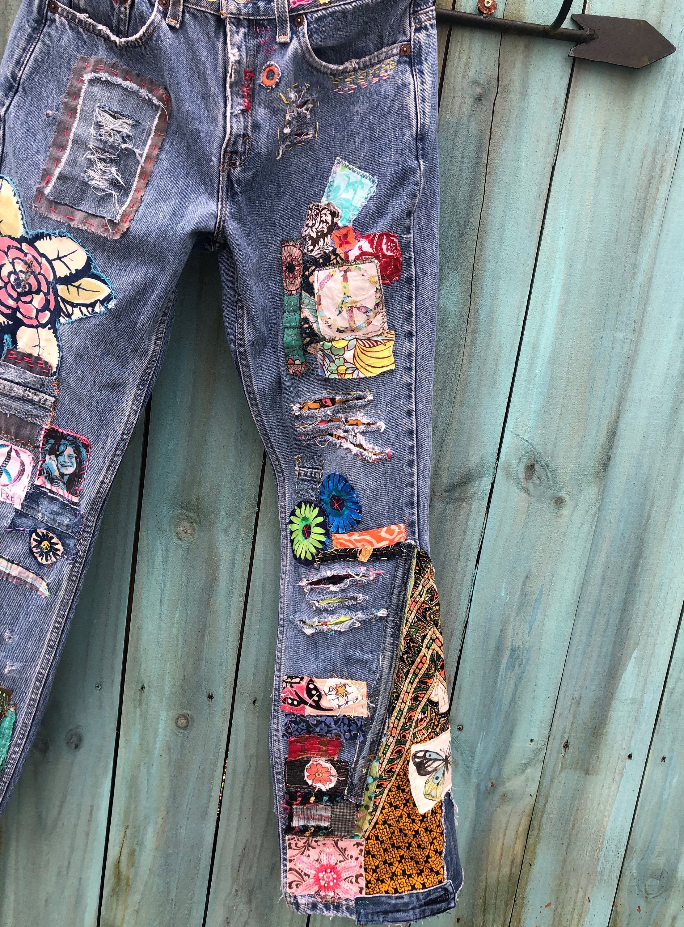 Custom Hippie Boho Gypsy Patchwork Denim Blue Jeans Made to Order