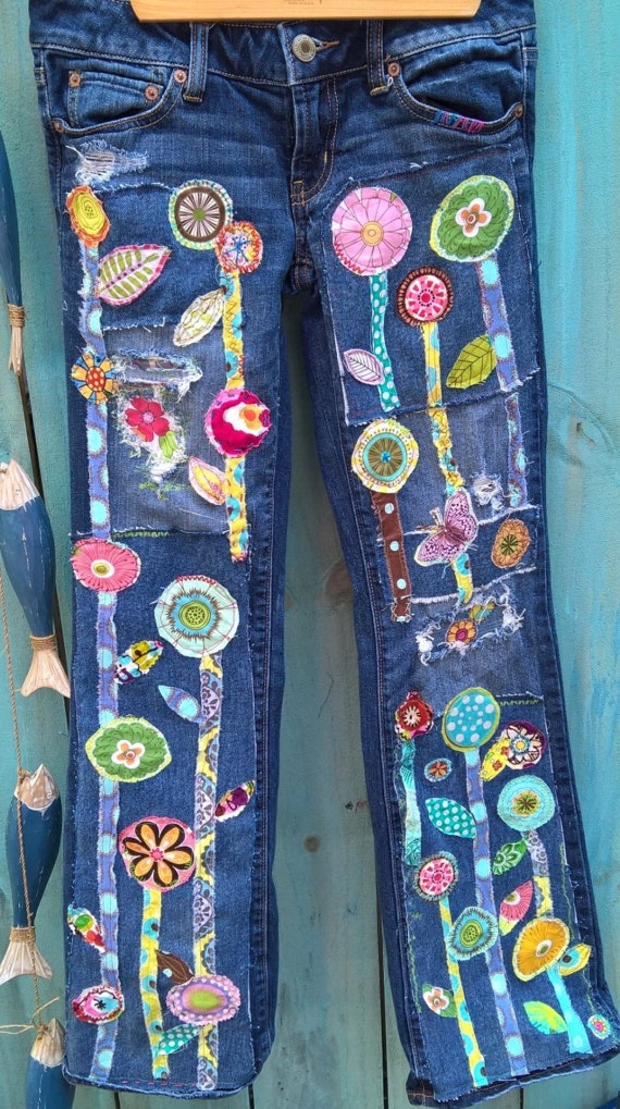 Hippie Boho Gypsy Patchwork Denim Blue Jeans Made to Order 