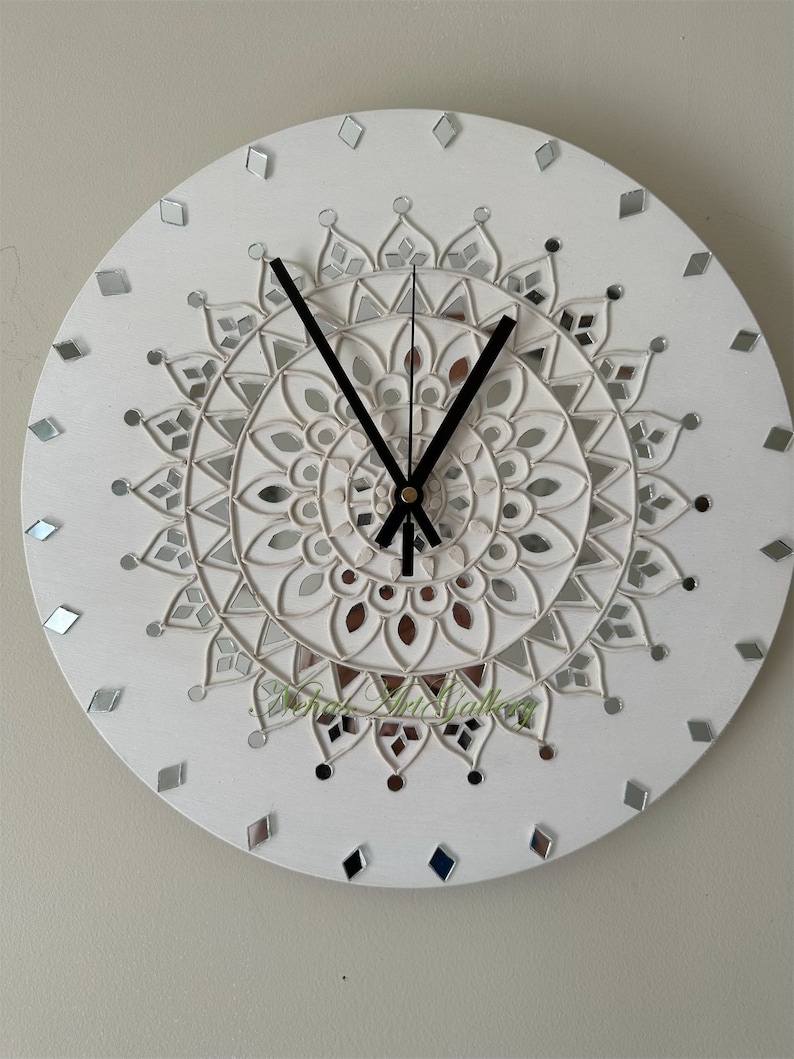 Lippan Art Wall Clock, Mud and Mosaic Mirror Wall Clock, White Wall