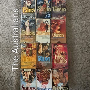 May include: A collection of twelve paperback books from The Australians series by William Stuart Long, arranged in a grid. Each cover features colorful illustrations of historical figures and scenes with bold, stylized titles and author names.