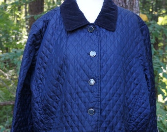 90s Vintage Oversized Cottagecore Navy Quilted Spring Jacket - Corduroy Collar - Cabincore Coat