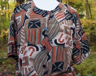 Vintage Funky Blouse - 80s Retro Top - Abstract Print Button Up Top - Gift For Her