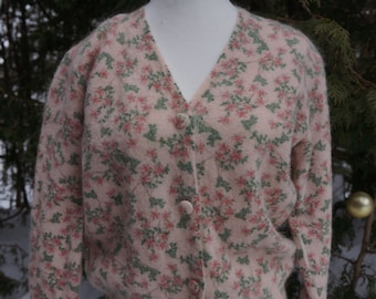 Vintage Boho Floral Mohair Alpaca Cardigan - Cottagecore Grandpa Sweater - Valentine's Day