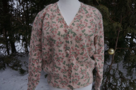 Vintage Boho Floral Mohair Alpaca Cardigan - Cottagecore Grandpa Sweater - Valentine's Day