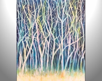 Original Fine Art, Forest, 24x18,  Home Decor, Wall Art, Nature, Tree Painting, Blue Painting