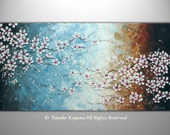 Made to Order Original Impasto Abstract Art  Painting on  Gallery wrapped Canvas 48" x 24", Home Decor, -Cherry Blossoms- by Tomoko Koyama
