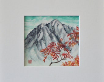 Original Nihonga Mountain Painting, Japanese Art, Tomoko Koyama (12"x12" Matboard)