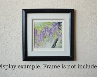 Original Wisteria Painting, Traditional Japanese Art, 6.5" x 6" with Mat