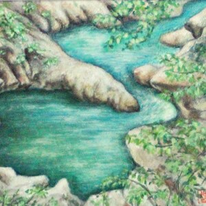 Original painting on paper, &quot;River&quot; wall art, Traditional Japanese art by Tomoko Koyama  6.5&quot; x 6&quot; painting with 12&quot; x 12&quot; matboard