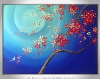 Original Modern Art  Painting on Gallery wrapped Canvas 40" x 30", Home Decor, Wall Art ---Blue Moon and Red Cherry Blossoms---