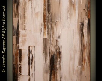 May include: Abstract painting with a textured, layered look. The painting is dominated by shades of white, brown, and beige, with hints of rust and black. The paint is applied in thick strokes, creating a sense of depth and movement.